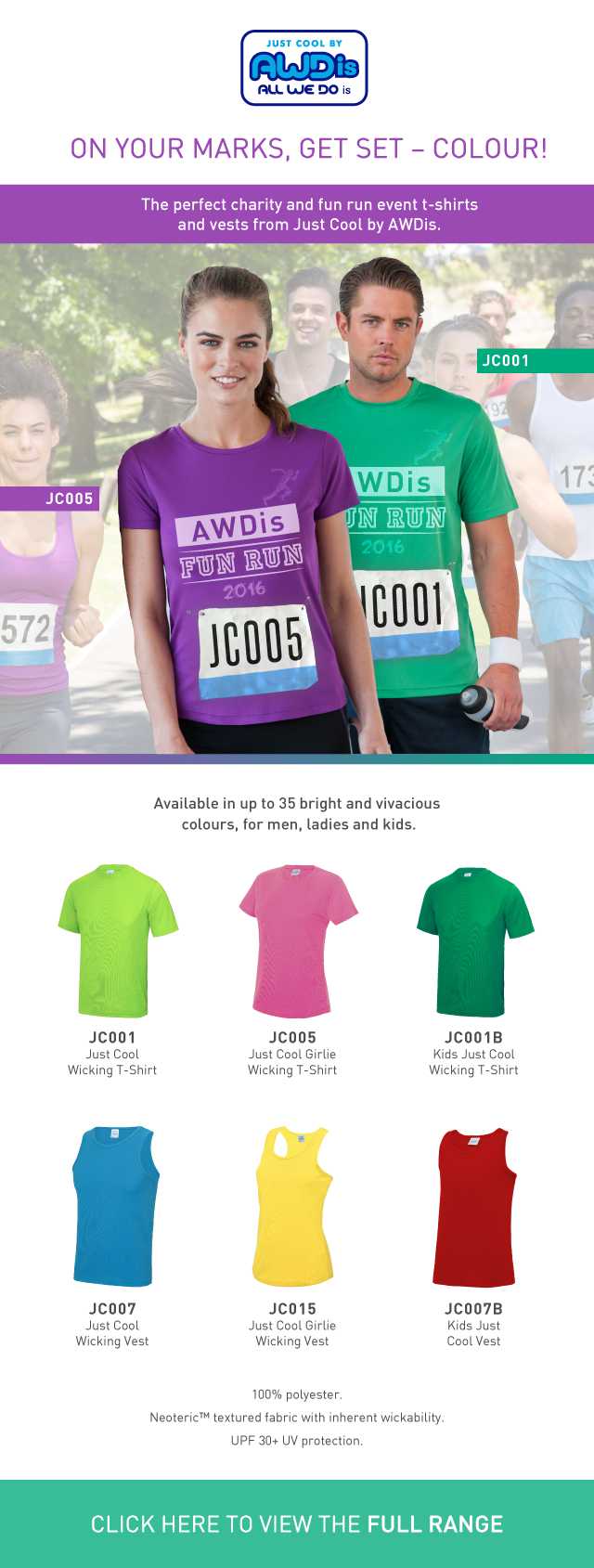 The perfect charity and fun run event t-shirts and vests from Just Cool by AWDis.